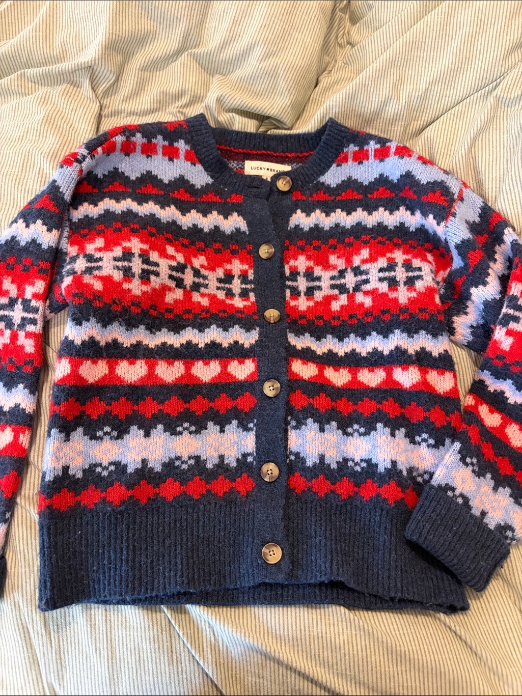 Lucky Brand Navy, Red & Light Blue Fair Isle Button-Front Cardigan